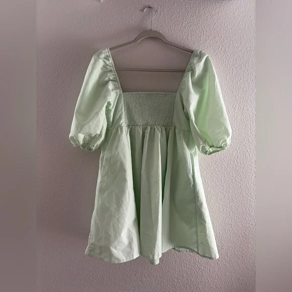 Francesca’s Blue Rain Mint Green Puff Sleeve Babydoll Dress NWT - Picture 7 of 7